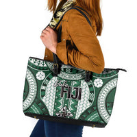 Bula Fiji Vintage Leather Tote Bag Phthalo Green Masi Motifs LT7 Phthalo Green - Polynesian Pride