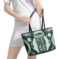 Bula Fiji Vintage Leather Tote Bag Phthalo Green Masi Motifs LT7 - Polynesian Pride