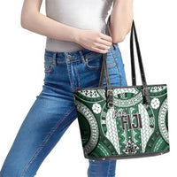 Bula Fiji Vintage Leather Tote Bag Phthalo Green Masi Motifs LT7 - Polynesian Pride