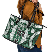 Bula Fiji Vintage Leather Tote Bag Phthalo Green Masi Motifs LT7 - Polynesian Pride