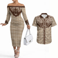 Hawai'i Paniolo Motif Leather Brown Couples Matching Off The Shoulder Long Sleeve Dress and Hawaiian Shirt Floral Palaka Print LT7 Brown - Polynesian Pride