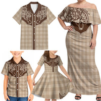 Hawai'i Paniolo Motif Leather Brown Family Matching Off Shoulder Maxi Dress and Hawaiian Shirt Floral Palaka Print LT7 - Polynesian Pride