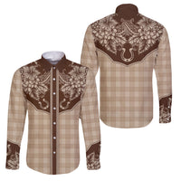 Hawai'i Paniolo Motif Leather Brown Family Matching Puletasi and Hawaiian Shirt Floral Palaka Print LT7 Dad's Shirt - Long Sleeve Brown - Polynesian Pride