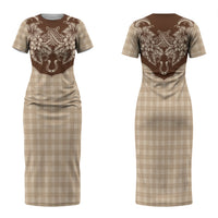 Hawai'i Paniolo Motif Leather Brown Family Matching Short Sleeve Bodycon Dress and Hawaiian Shirt Floral Palaka Print LT7 Mom's Dress Brown - Polynesian Pride