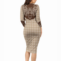Hawai'i Paniolo Motif Leather Brown Long Sleeve Bodycon Dress Floral Palaka Print