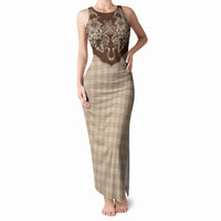 Hawai'i Paniolo Motif Leather Brown Tank Maxi Dress Floral Palaka Print