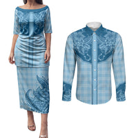 Hawai'i Paniolo Motif Deep Blue Couples Matching Puletasi and Long Sleeve Button Shirt Floral Palaka Print LT7 Navy Blue - Polynesian Pride