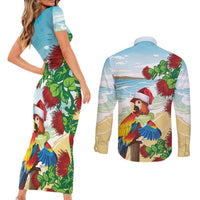 Have A Very Beach Christmas Couples Matching Short Sleeve Bodycon Dress and Long Sleeve Button Shirt Parrot By Lehua Flower - Polynesian Pride
