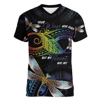 Personalised Polynesian Memorial Women V-Neck T-Shirt Your Wings Were Ready But My Heart Was Not