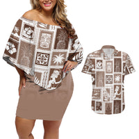 Hawaii Christmas Retro Patchwork Couples Matching Off Shoulder Short Dress and Hawaiian Shirt Brown LT7 Brown - Polynesian Pride