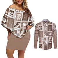 Hawaii Christmas Retro Patchwork Couples Matching Off Shoulder Short Dress and Long Sleeve Button Shirt Brown LT7 Brown - Polynesian Pride