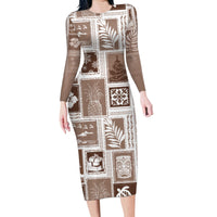 Hawaii Christmas Retro Patchwork Family Matching Long Sleeve Bodycon Dress and Hawaiian Shirt Brown LT7 Mom's Dress Brown - Polynesian Pride