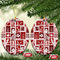 Hawaii Christmas Ceramic Ornament Retro Patchwork - Red LT7 Oval Red - Polynesian Pride
