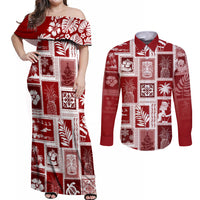 Hawaii Christmas Retro Patchwork Couples Matching Off Shoulder Maxi Dress and Long Sleeve Button Shirt Red LT7 Red - Polynesian Pride