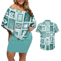 Hawaii Christmas Retro Patchwork Couples Matching Off Shoulder Short Dress and Hawaiian Shirt Teal LT7 Teal - Polynesian Pride