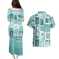 Hawaii Christmas Retro Patchwork Couples Matching Puletasi Dress and Hawaiian Shirt Teal LT7 - Polynesian Pride