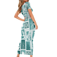 Hawaii Christmas Retro Patchwork Short Sleeve Bodycon Dress Teal LT7 - Polynesian Pride