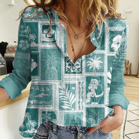 Hawaii Christmas Retro Patchwork Women Casual Shirt Teal LT7 Female Teal - Polynesian Pride