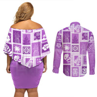 Hawaii Christmas Retro Patchwork Couples Matching Off Shoulder Short Dress and Long Sleeve Button Shirt Violet LT7 - Polynesian Pride