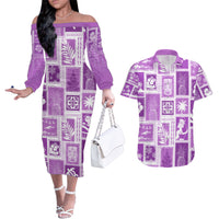 Hawaii Christmas Retro Patchwork Couples Matching Off The Shoulder Long Sleeve Dress and Hawaiian Shirt Violet LT7 Violet - Polynesian Pride
