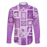 Hawaii Christmas Retro Patchwork Family Matching Off Shoulder Long Sleeve Dress and Hawaiian Shirt Violet LT7 Dad's Shirt - Long Sleeve Violet - Polynesian Pride