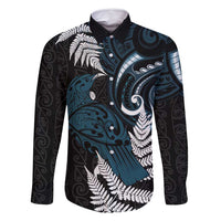 New Zealand Tui Bird Family Matching Off Shoulder Maxi Dress and Hawaiian Shirt Maori Kowhaiwhai LT7 Dad's Shirt - Long Sleeve Teal - Polynesian Pride