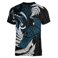 New Zealand Tui Bird Women V-Neck T-Shirt Maori Kowhaiwhai