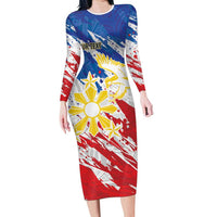 Personalized Filipino Sun and Stars Long Sleeve Bodycon Dress Grunge Vibes LT7 Long Dress White - Polynesian Pride