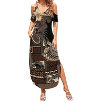 Vaiaso o le Gagana Samoa Family Matching Summer Maxi Dress and Hawaiian Shirt Siapo Motif Black