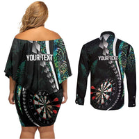 Personalized New Zealand Darts Couples Matching Off Shoulder Short Dress and Long Sleeve Button Shirt Paua Shell Koiri - Manaia