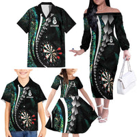 Personalized New Zealand Darts Family Matching Off The Shoulder Long Sleeve Dress and Hawaiian Shirt Paua Shell Koiri - Manaia