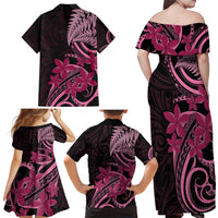 Aotearoa Maori Family Matching Off Shoulder Maxi Dress and Hawaiian Shirt Pink Fern Ribbons on Black - Polynesian Pride
