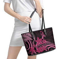 Aotearoa Maori Leather Tote Bag Pink Fern Ribbons on Black LT7 - Polynesian Pride