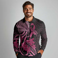 Aotearoa Maori Long Sleeve Polo Shirt Pink Fern Ribbons on Black - Polynesian Pride