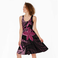 Aotearoa Maori Midi Dress Pink Fern Ribbons on Black - Polynesian Pride