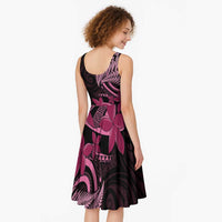 Aotearoa Maori Midi Dress Pink Fern Ribbons on Black - Polynesian Pride