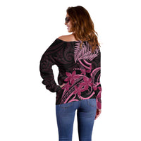 Aotearoa Maori Off Shoulder Sweater Pink Fern Ribbons on Black - Polynesian Pride