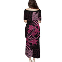 Aotearoa Maori Puletasi Pink Fern Ribbons on Black - Polynesian Pride