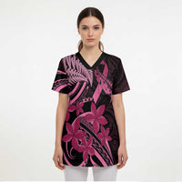 Aotearoa Maori Scrub Top Pink Fern Ribbons on Black - Polynesian Pride