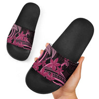 Aotearoa Maori Slide Sandals Pink Fern Ribbons on Black - Polynesian Pride