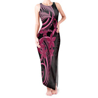 Aotearoa Maori Tank Maxi Dress Pink Fern Ribbons on Black - Polynesian Pride