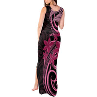 Aotearoa Maori Tank Maxi Dress Pink Fern Ribbons on Black - Polynesian Pride
