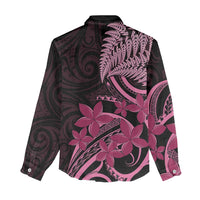 Aotearoa Maori Women Casual Shirt Pink Fern Ribbons on Black - Polynesian Pride