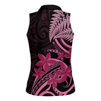 Aotearoa Maori Women Sleeveless Polo Shirt Pink Fern Ribbons on Black - Polynesian Pride