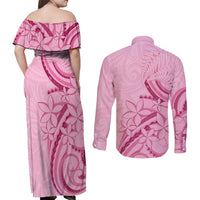 Aotearoa Maori Couples Matching Off Shoulder Maxi Dress and Long Sleeve Button Shirt Pink Fern Ribbons - Polynesian Pride