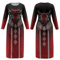 Aotearoa Maori Iwi Heritage Couples Matching Long Sleeve Bodycon Dress and Long Sleeve Button Shirt Ngapuhi Kokowai