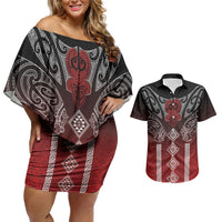 Aotearoa Maori Iwi Heritage Couples Matching Off Shoulder Short Dress and Hawaiian Shirt Ngapuhi Kokowai