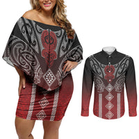 Aotearoa Maori Iwi Heritage Couples Matching Off Shoulder Short Dress and Long Sleeve Button Shirt Ngapuhi Kokowai