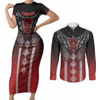 Aotearoa Maori Iwi Heritage Couples Matching Short Sleeve Bodycon Dress and Long Sleeve Button Shirt Ngapuhi Kokowai