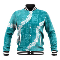Hawaii Aloha Baseball Jacket Teal Quilt Patch Work Mix Plumeria Lei LT7 Unisex Teal - Polynesian Pride